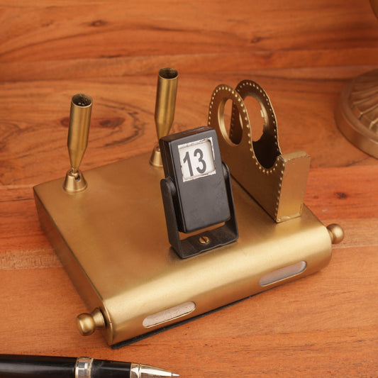 Brass Carved Calendar Cum Pen Stand
