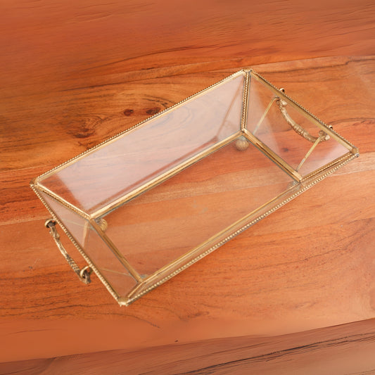 Brass Finish Frame Glass Tray With Handle
