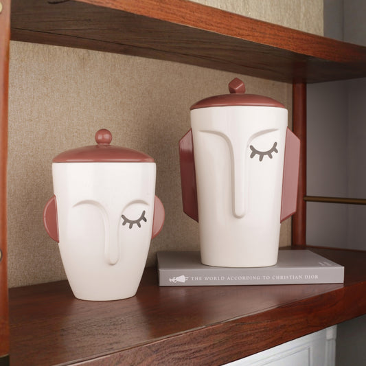 White Ceramic Face Structure Storage Jar with Lid