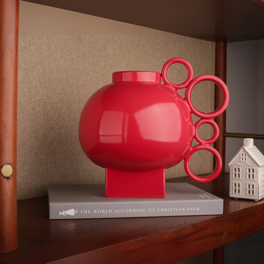Handmade Ceramic Round Handle Red Color Flower Vase