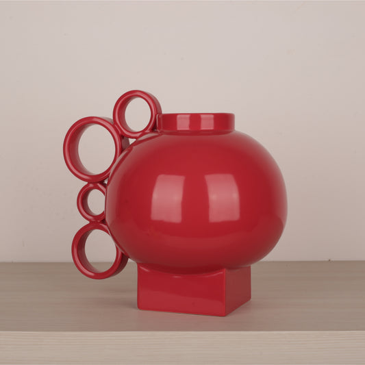 Handmade Ceramic Round Handle Red Color Flower Vase