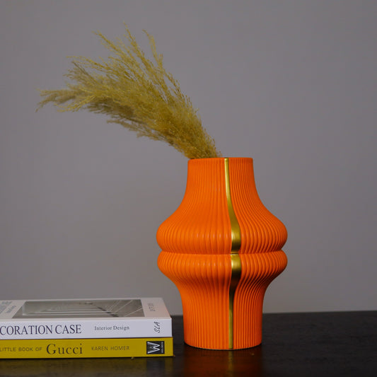Orange Ribbed Design Handmade Flower Vase