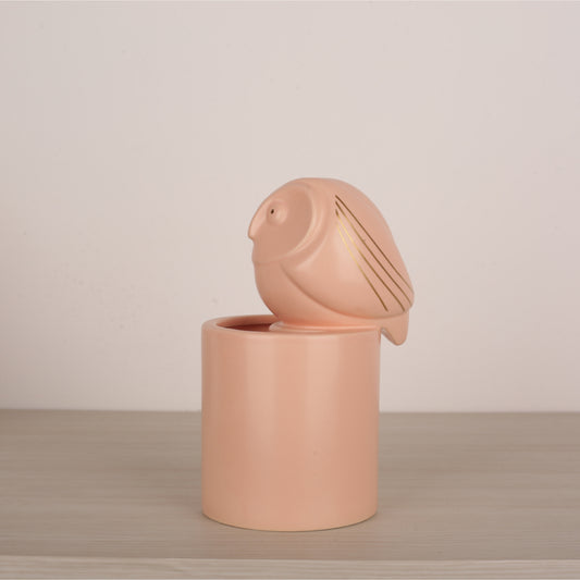 Pink Owl Figure Round Base Ceramic Vase