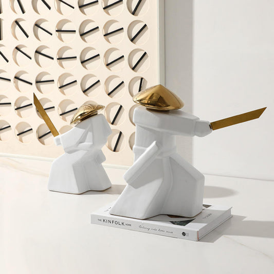 White Ceramic Swordsman Decorative Showpiece