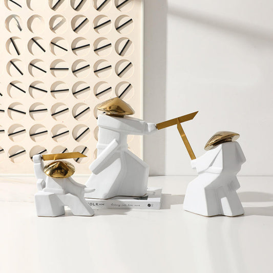 White Ceramic Swordsman Decorative Showpiece
