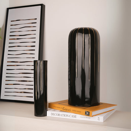 Golden Lines Black Ceramic Decorative Candle Holder
