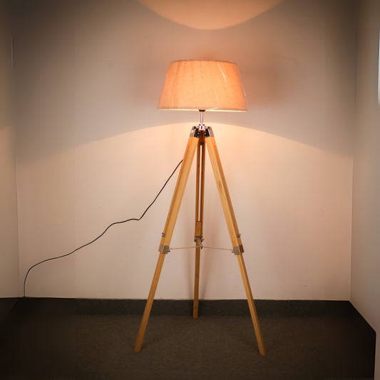 Light Wooden Tripod Base with Metal Brackets Floor Lamp