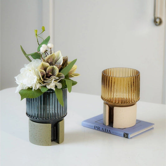 Modern Artisanal Desk Glass Vases with Handcrafted Concrete Bases Tabletop Vase