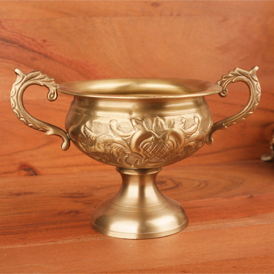 Brass Finish Carved Bowl With Handle