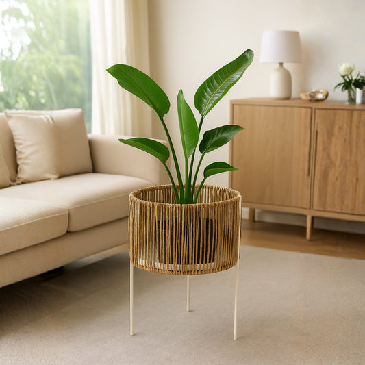 White Metal Base Woven Planter (Set of 2)