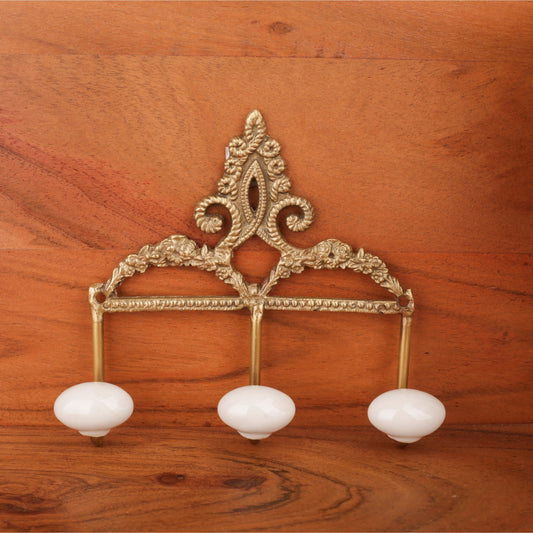 Brass Finish 3 White Nob Wall Hook