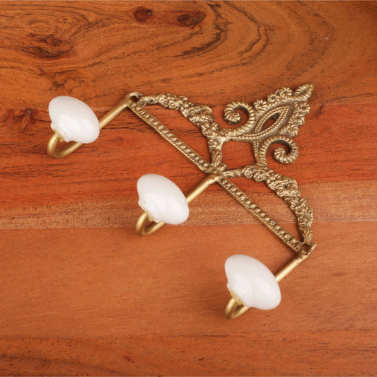 Brass Finish 3 White Nob Wall Hook