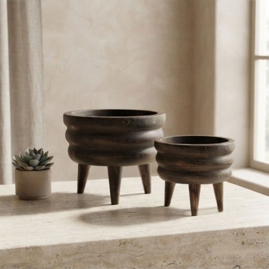 Brown Wooden Layered Tripod Decorative Bowl