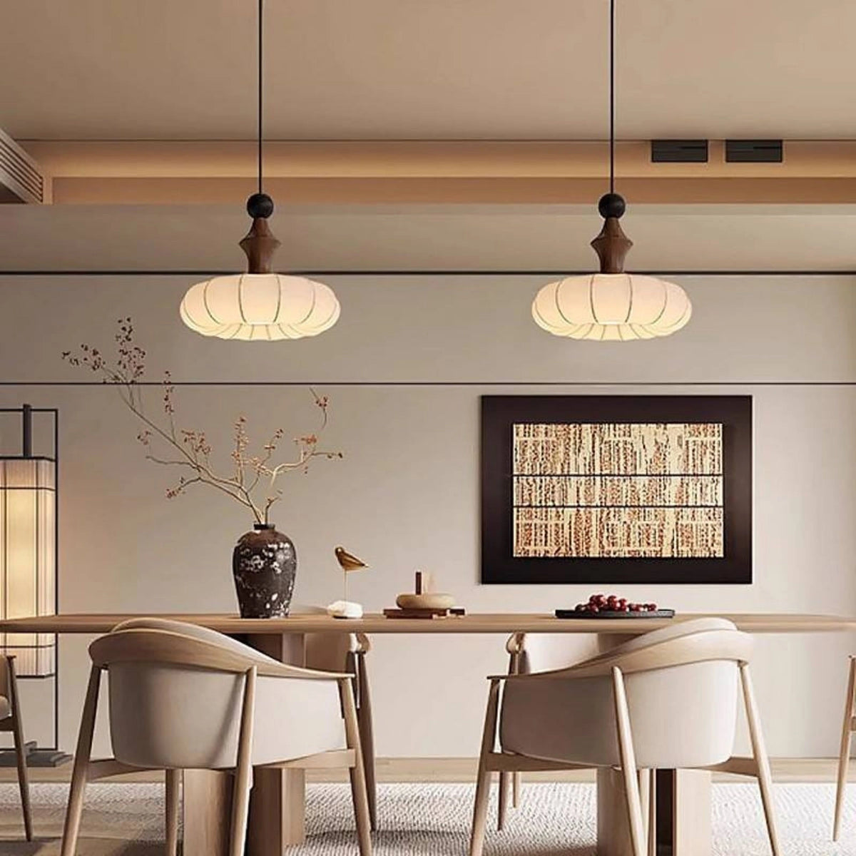 Retro Fabric Pumpkin Shaped Design Pendant Light with Natural Wood Accents