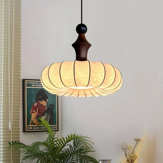 Retro Fabric Pumpkin Shaped Design Pendant Light with Natural Wood Accents