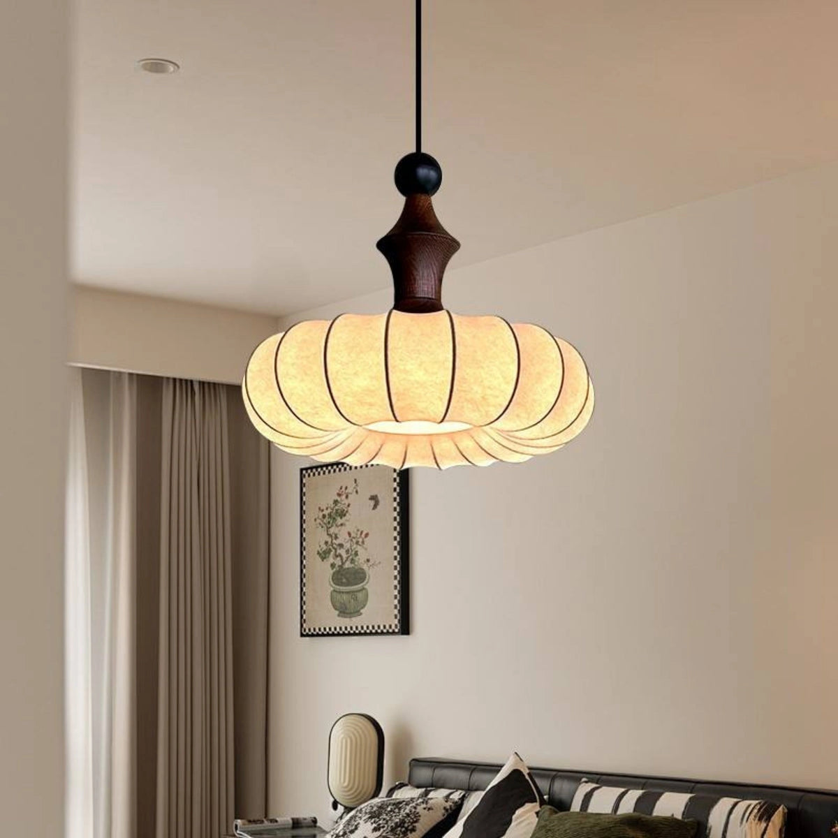 Retro Fabric Pumpkin Shaped Design Pendant Light with Natural Wood Accents
