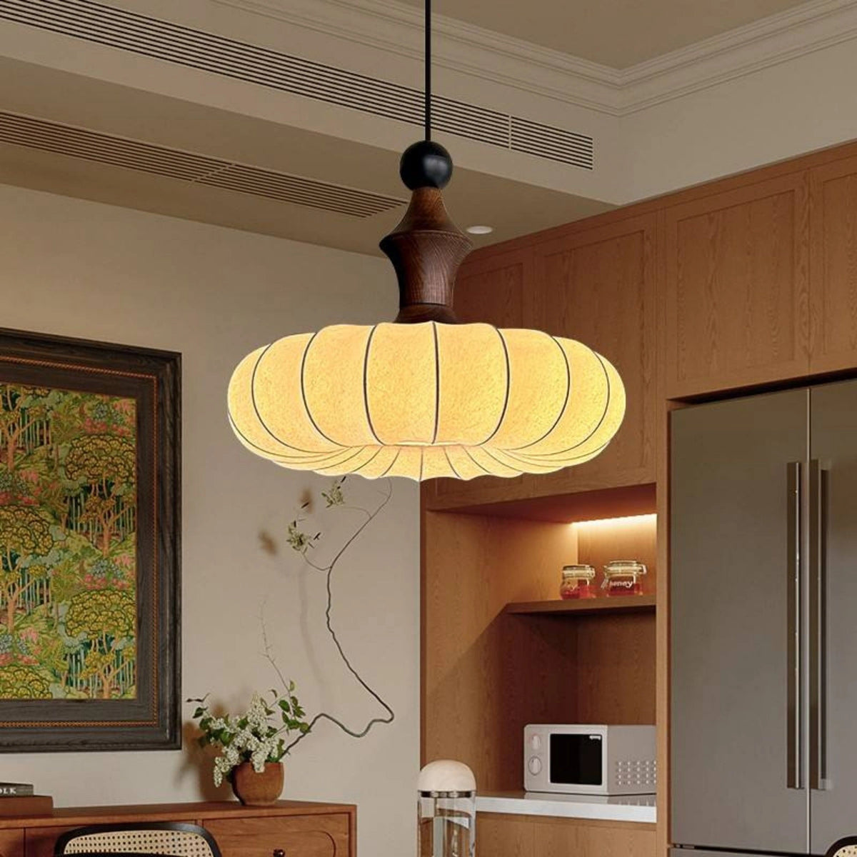 Retro Fabric Pumpkin Shaped Design Pendant Light with Natural Wood Accents