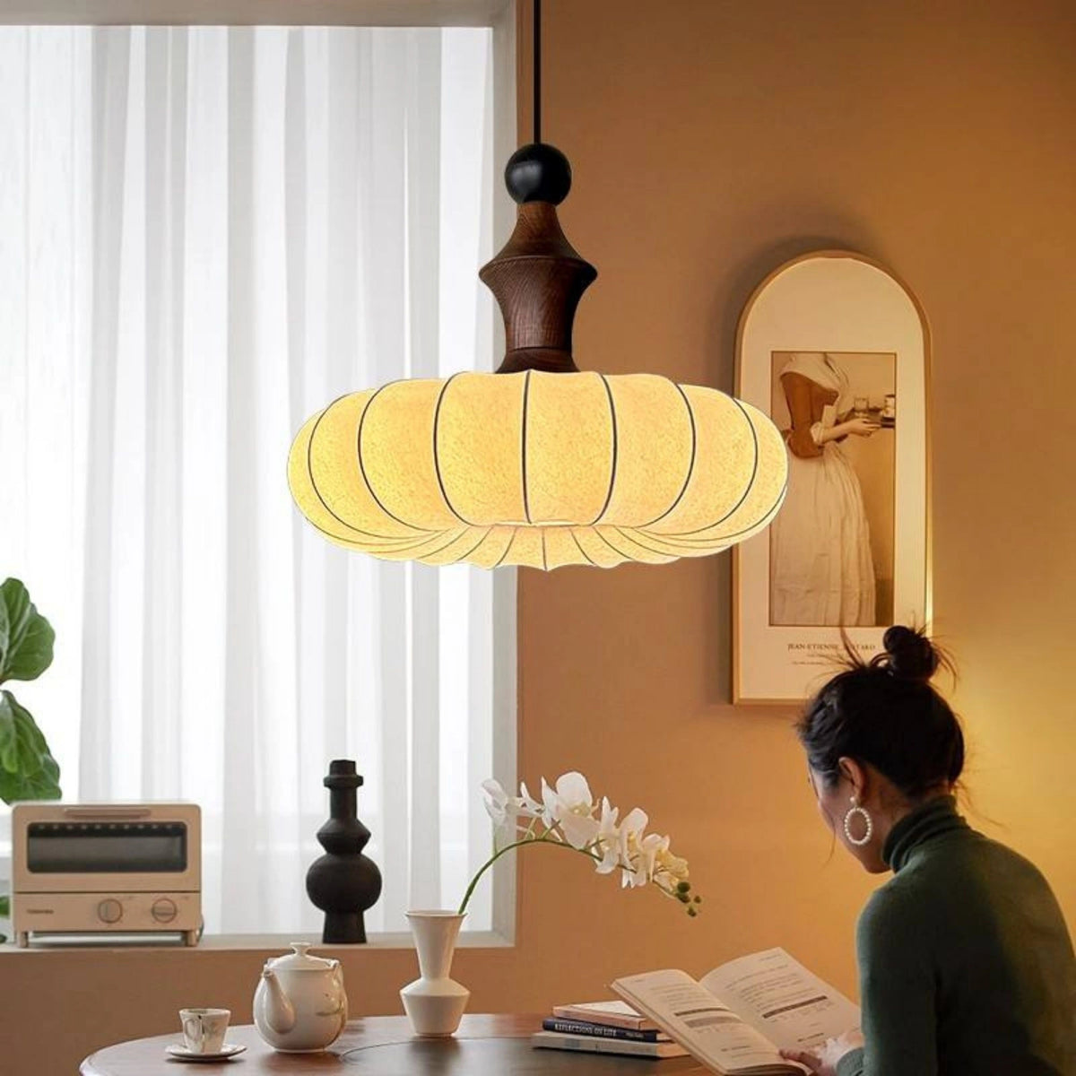 Retro Fabric Pumpkin Shaped Design Pendant Light with Natural Wood Accents