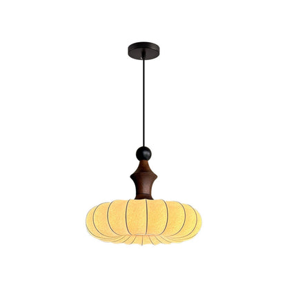 Retro Fabric Pumpkin Shaped Design Pendant Light with Natural Wood Accents