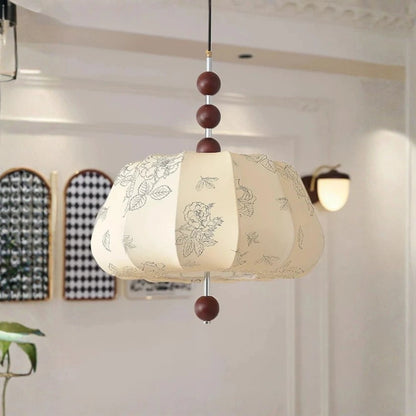 Artistic Pattern Fabric French Vintage Style Solid Wood Pendant Light