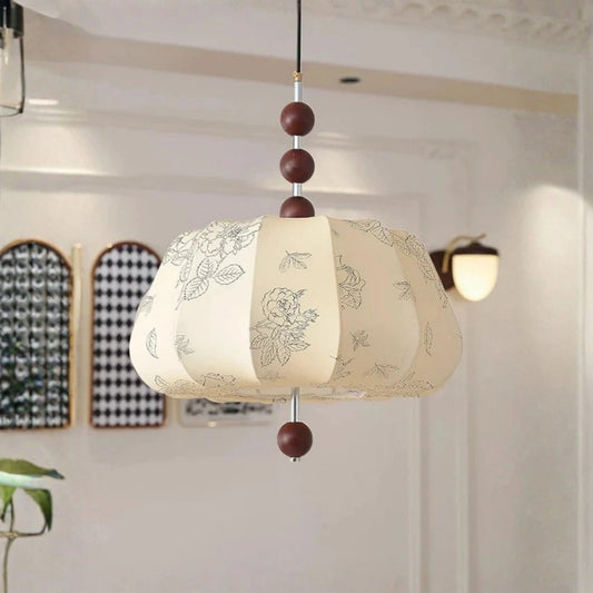 Artistic Pattern Fabric French Vintage Style Solid Wood Pendant Light