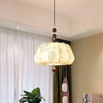 Artistic Pattern Fabric French Vintage Style Solid Wood Pendant Light