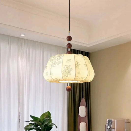 Artistic Pattern Fabric French Vintage Style Solid Wood Pendant Light