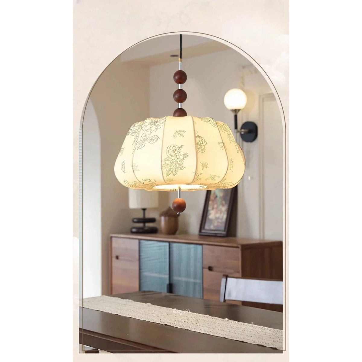 Artistic Pattern Fabric French Vintage Style Solid Wood Pendant Light
