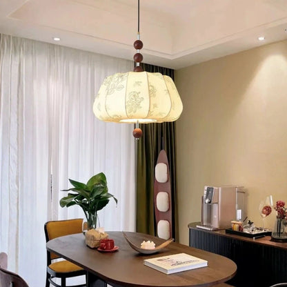 Artistic Pattern Fabric French Vintage Style Solid Wood Pendant Light
