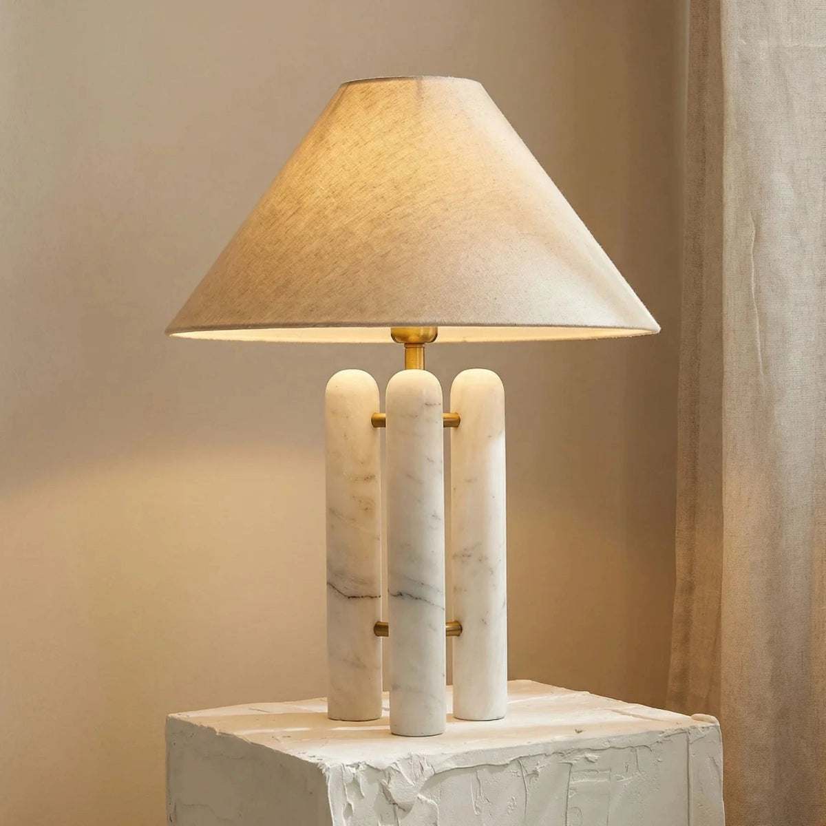 Round Shade Triple-Column Marble Base Table Lamp with Brass Accents