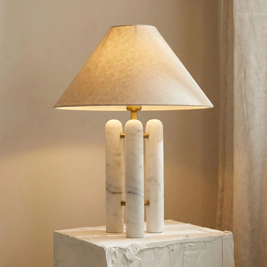 Round Shade Triple-Column Marble Base Table Lamp with Brass Accents