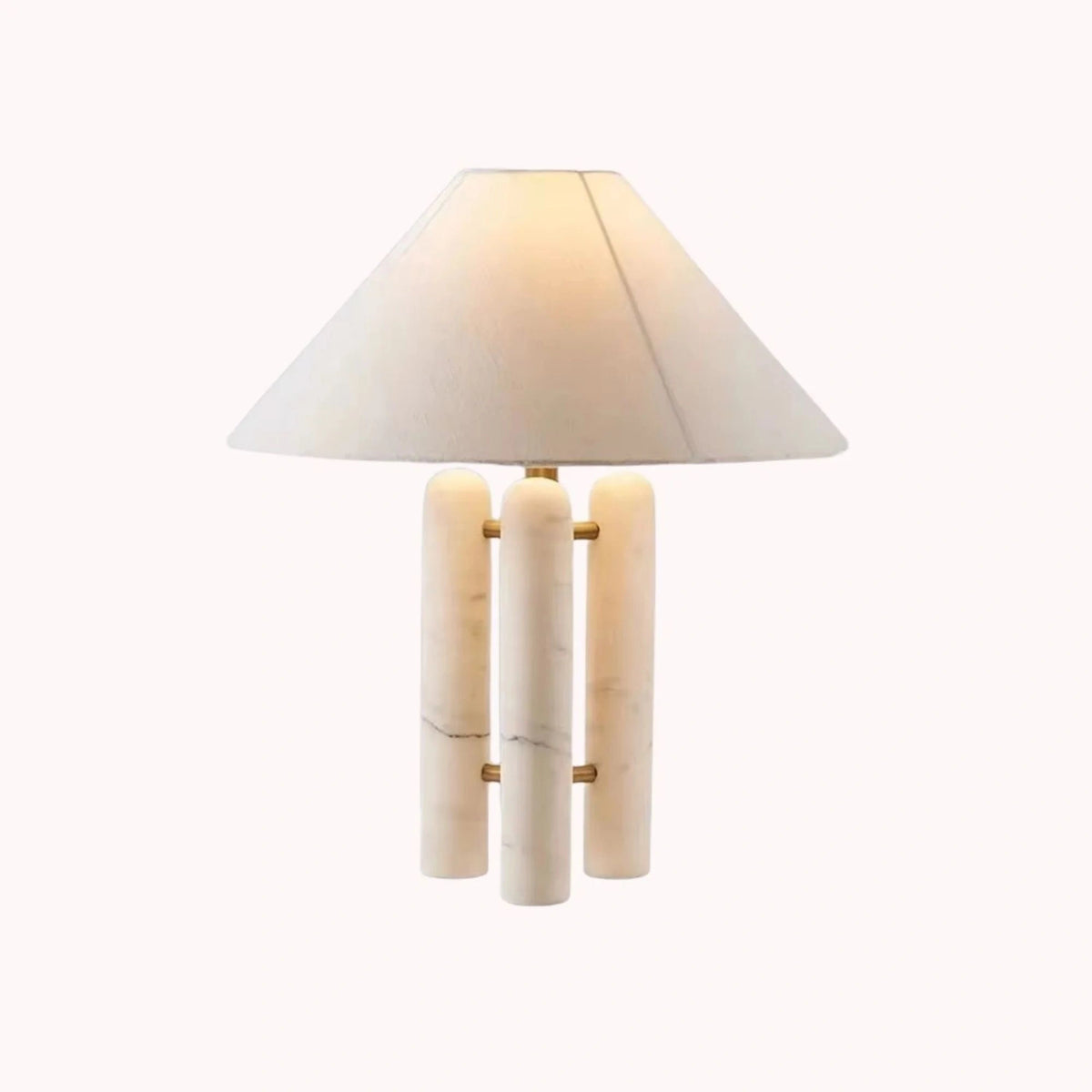Round Shade Triple-Column Marble Base Table Lamp with Brass Accents