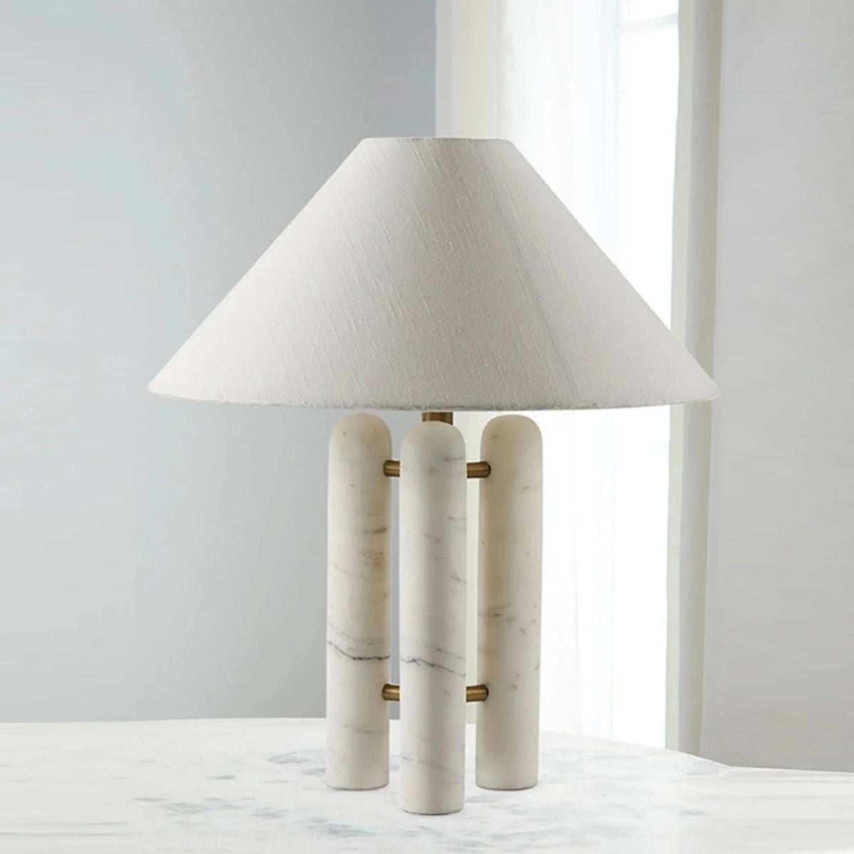 Round Shade Triple-Column Marble Base Table Lamp with Brass Accents