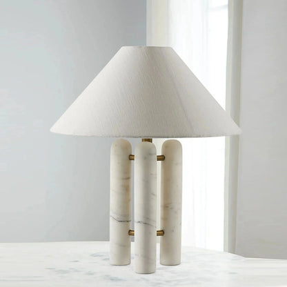 Round Shade Triple-Column Marble Base Table Lamp with Brass Accents