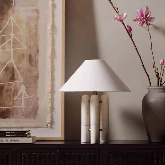 Round Shade Triple-Column Marble Base Table Lamp with Brass Accents