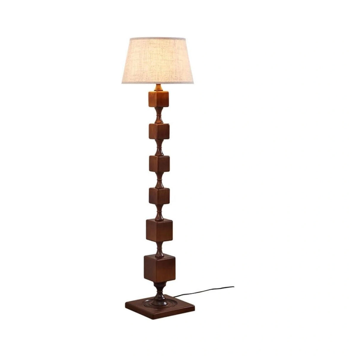 Beige Linen Shade Contemporary Style Stacked Wood Blocks Floor Lamp