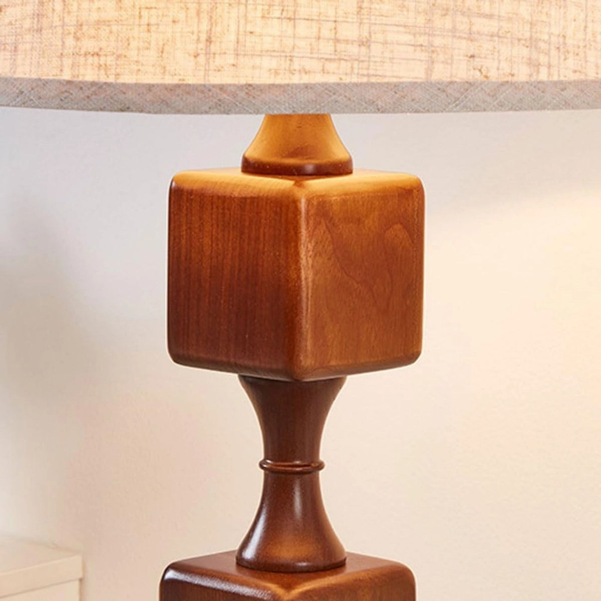 Beige Linen Shade Contemporary Style Stacked Wood Blocks Floor Lamp