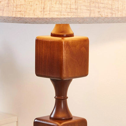 Beige Linen Shade Contemporary Style Stacked Wood Blocks Floor Lamp