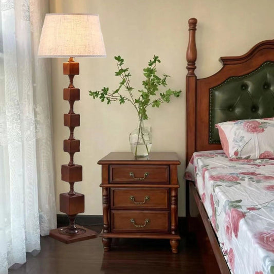 Beige Linen Shade Contemporary Style Stacked Wood Blocks Floor Lamp