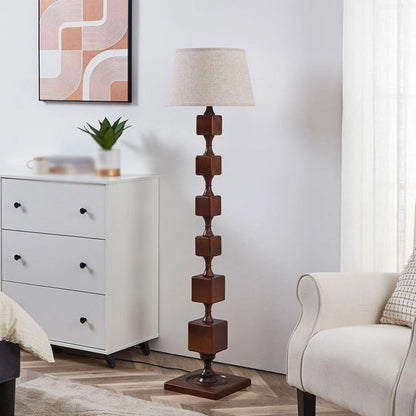 Beige Linen Shade Contemporary Style Stacked Wood Blocks Floor Lamp