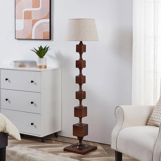 Beige Linen Shade Contemporary Style Stacked Wood Blocks Floor Lamp