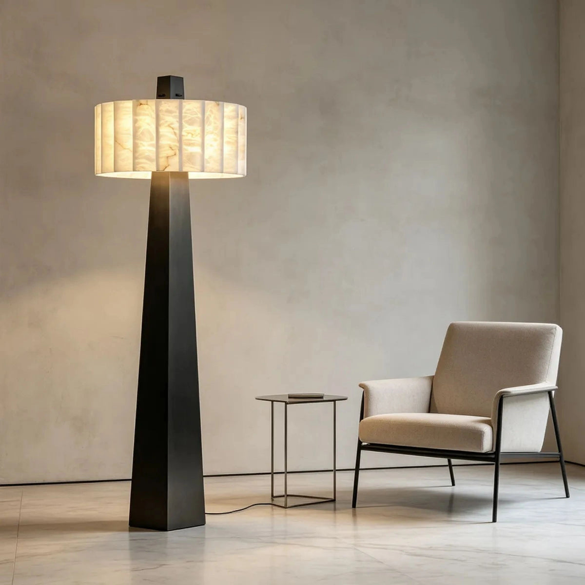 Black Metal Frame Floor Lamp with White Fabric Shade