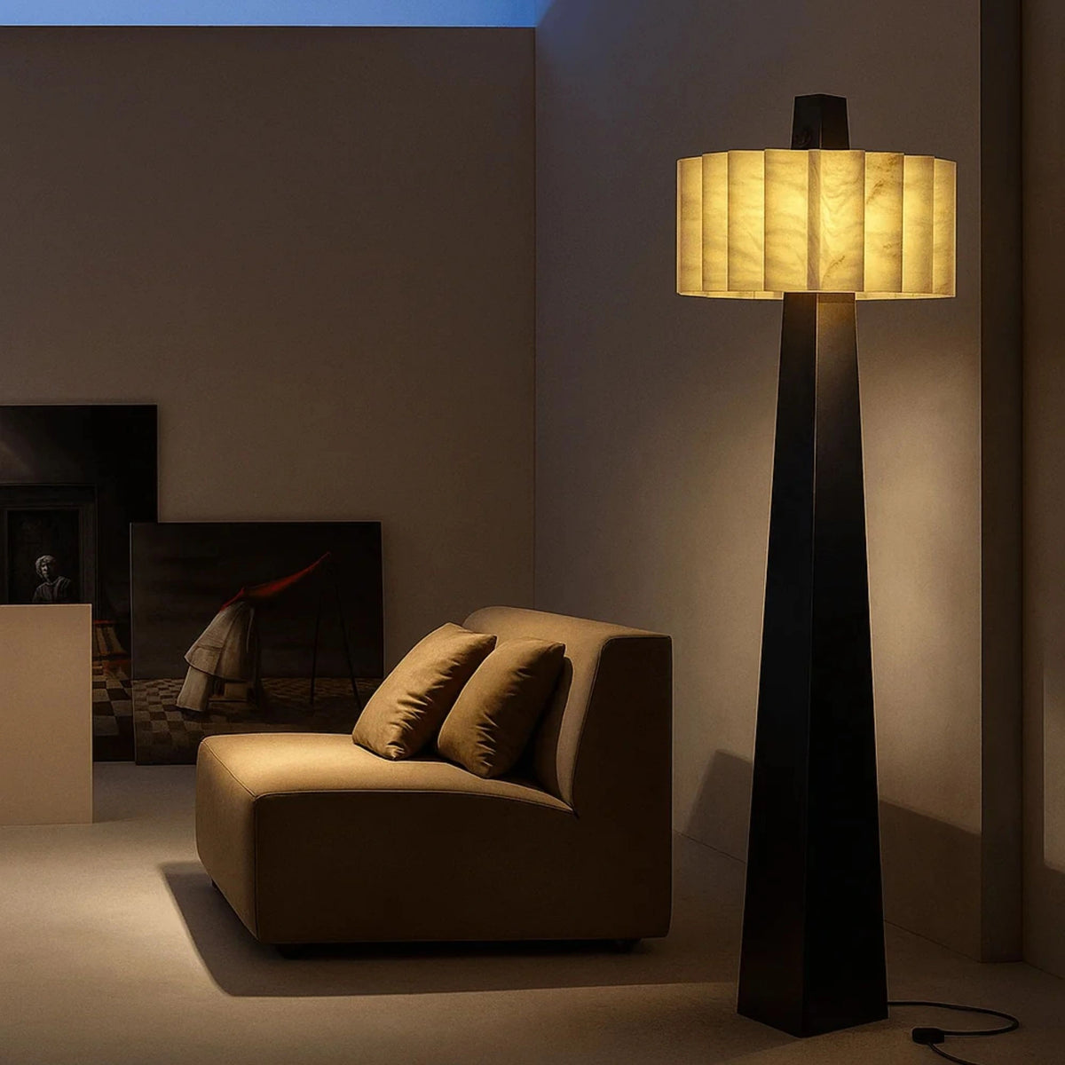 Black Metal Frame Floor Lamp with White Fabric Shade