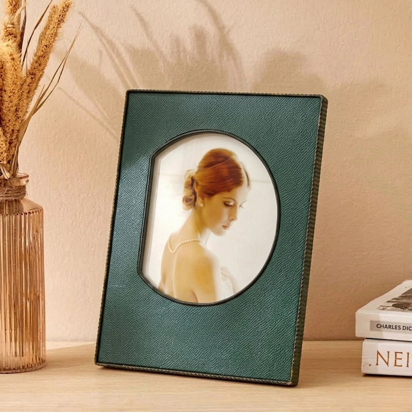 Micro Fiber Leather Table Photo Frame Décor (White, Green, Brown)