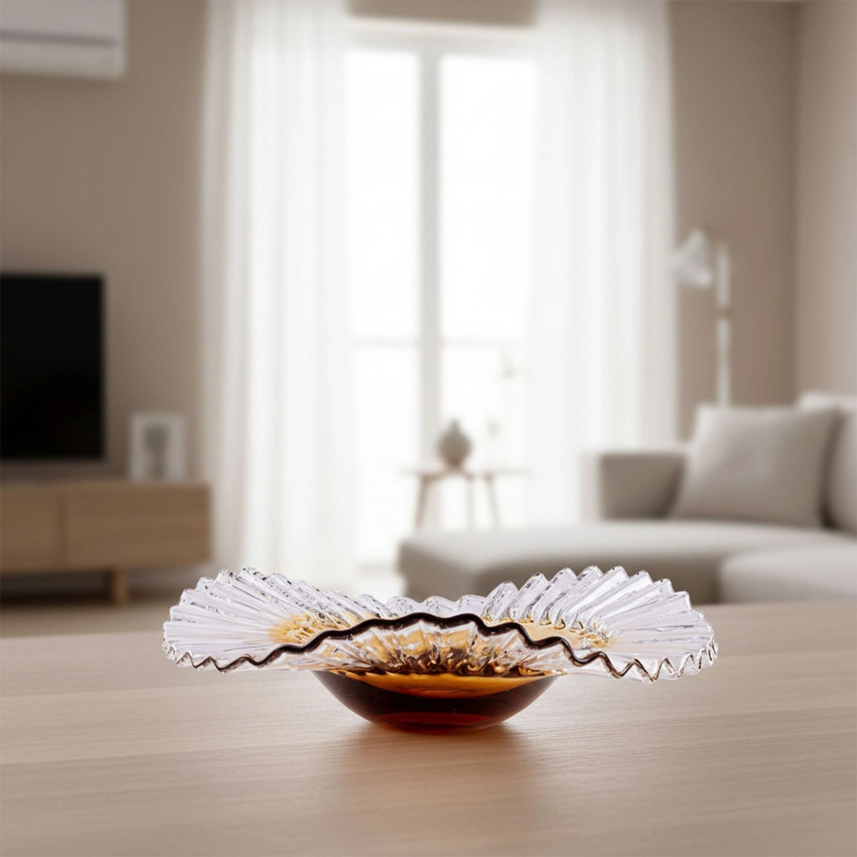 Amber Thickened Wide Pleated Ruffled Rim Design Decorative Bowl