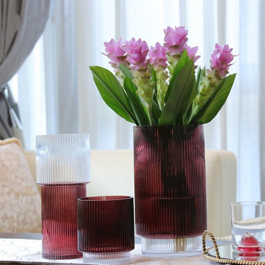 Red Vertical Stripe Cylindrical Shape Glass Vase