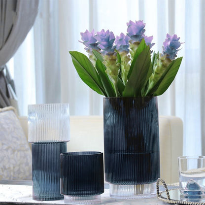 Blue Vertical Stripe Cylindrical Shape Glass Vase