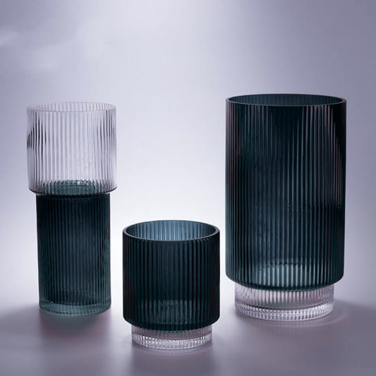 Blue Vertical Stripe Cylindrical Shape Glass Vase