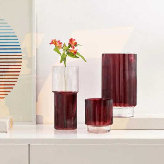 Red Vertical Stripe Cylindrical Shape Glass Vase