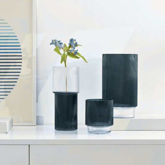 Blue Vertical Stripe Cylindrical Shape Glass Vase